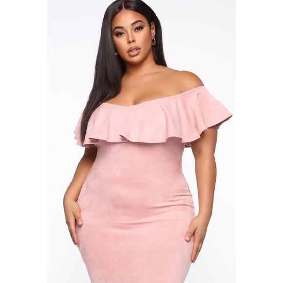 Fashion Nova Suede Ruffle Dress Dusty Pink Off Shoulder Mermaid Curvy Size 3X - Picture 10 of 11